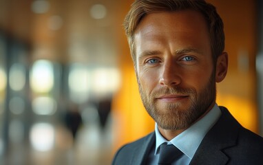 Fototapeta premium Confident businessman with a suit and a smile in a office background, He looking at the camera