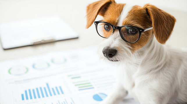 Doggy Data Analyst: A playful and intelligent Jack Russell Terrier wearing glasses sits on a desk, surrounded by charts and graphs, symbolizing business acumen and a unique perspective on work. - Powered by Adobe