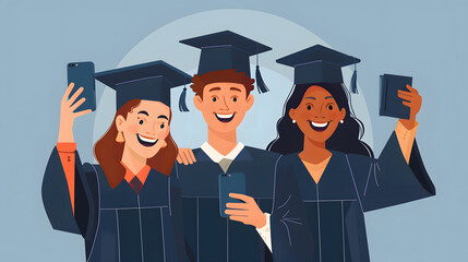 Obraz premium A depiction of a group of three joyful graduates in graduation attire happily capturing selfies, commemorating their educational triumph and anticipating a promising future
