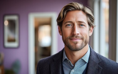 Naklejka premium Confident businessman with a suit and a smile in a office background, He looking at the camera