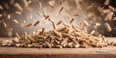Wood pellets falling from above, creating a pile on the ground , biofuels, renewable energy, alternative fuel, sustainable
