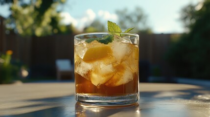 Refreshing Cocktail with Mint and Ice on a Sunny Outdoor Table