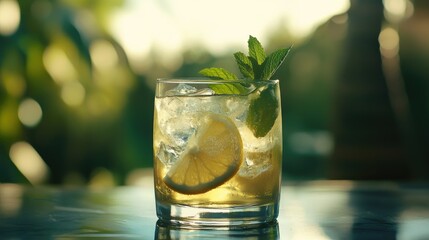 Refreshing Cocktail with Lemon and Mint Garnish in Sunlit Setting