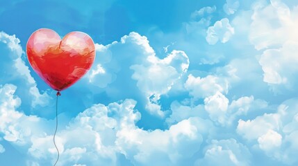 Fototapeta premium A vivid red heart-shaped balloon gently drifts among fluffy white clouds under a clear blue sky. Banner with copyspace. Love, romance, hearts, affection, togetherness, Valentine Day celebration concep