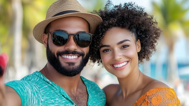 Joyful and excited tourist couple taking a selfie together while exploring the vibrant city streets capturing their happy and memorable moments during a fun filled city adventure