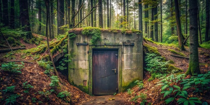 Overgrown bunker door hidden in a dark forest , mysterious, abandoned, hidden, entrance, spooky, creepy, ancient, overgrown