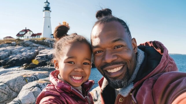 Father and daughter capture a joyful moment outdoors by a lighthouse near the water