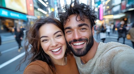 Fototapeta premium Joyful Couple Capturing Memories of Their Urban Adventure in a Lively and Dynamic City Landscape
