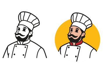 Master Chef, icon or logo for restaurants Cheerful chef in cook hat. Cooking, food concept. Cartoon vector illustration