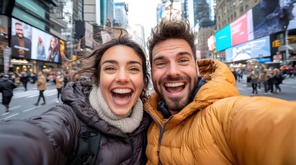 Fototapeta premium Excited urban explorers take an exhilarating selfie amidst the dynamic cityscape embracing the energy and joy of their travel experience