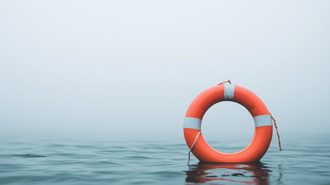 Life Ring in Foggy Sea: Hope and rescue concept. A vibrant orange life preserver floats serenely in a misty sea, symbolizing safety, hope, and rescue.