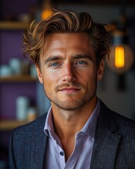 Fototapeta premium Young man with stylish hair and confident expression in a modern indoor setting during evening hours