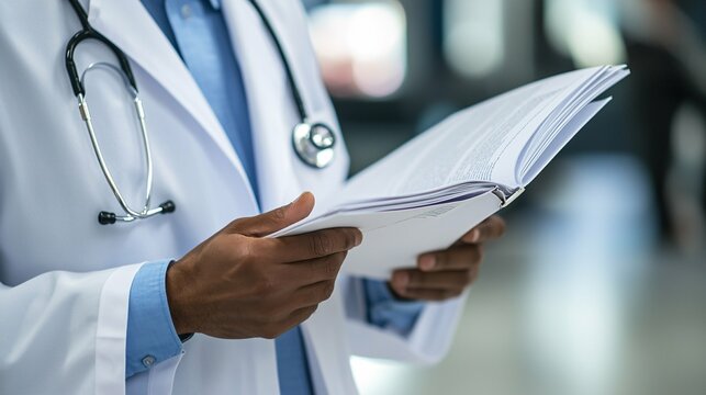 This image features a doctor assessing clinical guidelines in a sterile setting, highlighting the importance of patient safety and effective treatment standards.
