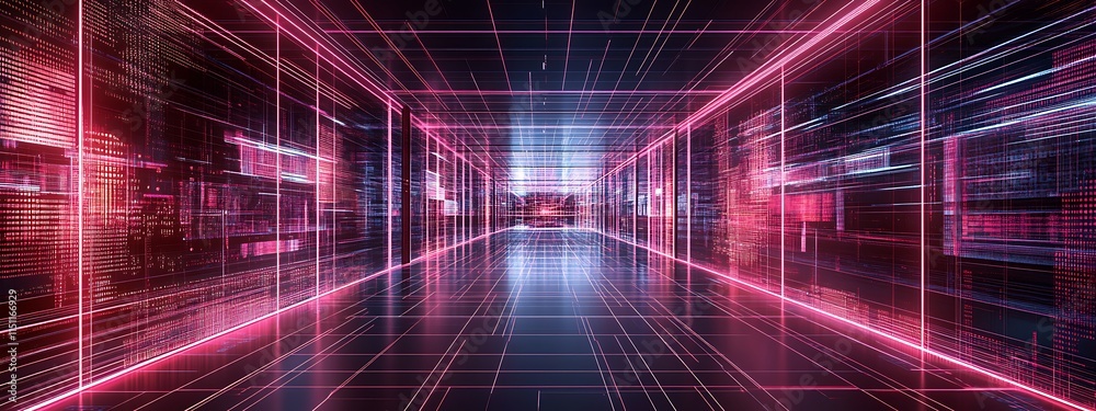 Poster Neon-lit digital corridor with data streams.