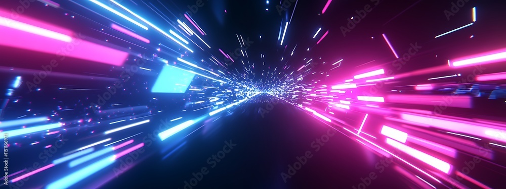Poster neon light trails speed through dark tunnel.