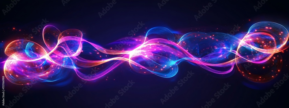 Poster colorful abstract wave with glowing particles.