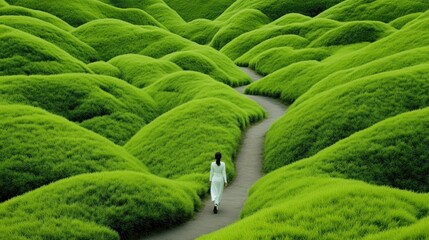 A solitary woman dressed in white strolls along a winding path in lush green hills