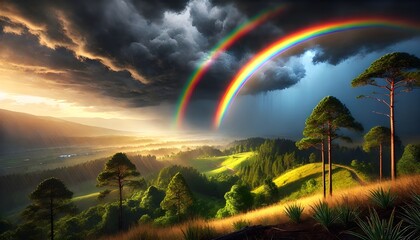 Obraz premium Rainbow after the storm: a sign of hope. A bright rainbow rises over a stormy landscape.