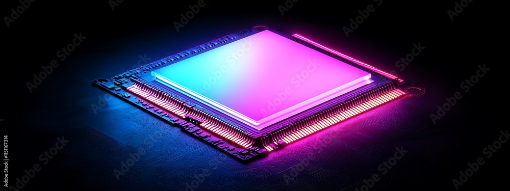 Poster glowing cpu on dark background.