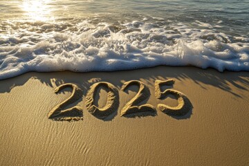 Gentle waves lap at the shore where 2025 is carved in golden sand, creating a peaceful setting