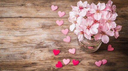 Cherry blossoms fill a clear vase, adorned by scattered hearts on a rustic wooden table. Banner with copyspace. Love, romance, hearts, affection, togetherness, Valentine Day celebration concept