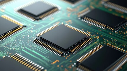 Close-Up View of Computer Circuit Board with Microchips and Tracks