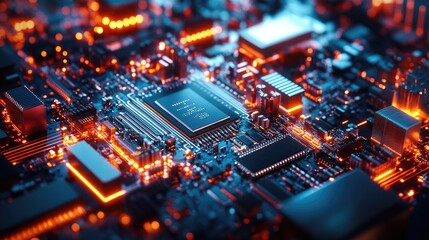 Fototapeta premium Circuit Board Close-Up with Glowing Components and Technology Detail