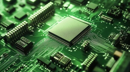 Detailed Close-Up of Circuit Board with Green Background and Chips