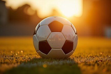 Fototapeta premium Golden Hour Soccer: A Football at Sunset