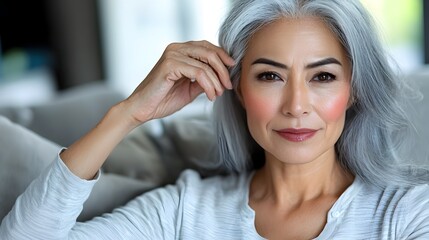 Fototapeta premium Portrait of an Asian elderly woman with presbyopia or farsightedness sitting on a sofa and struggling to read the text in a book