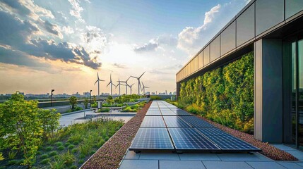 Rooftop solar panels with wind turbines and greenery at sunset