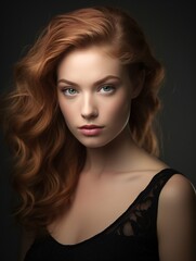 Fototapeta premium A model exudes natural beauty and confidence, with flawless skin and effortless charm enhanced by soft studio lighting.