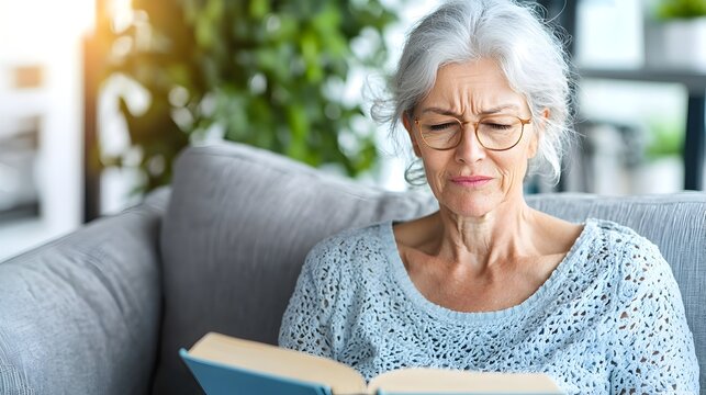 Aged woman with hyperopia farsightedness sitting on a sofa trying to read a book but struggling with poor eyesight