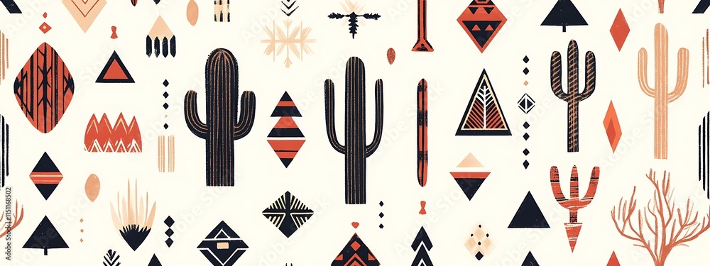 Poster Seamless pattern with cactuses and tribal elements.