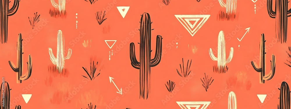 Poster Seamless pattern with cacti and tribal elements.