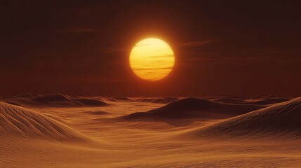 A breathtaking sunset paints the desert dunes in golden hues, with intricate sand patterns glowing under the fading sun, creating a serene summer landscape.