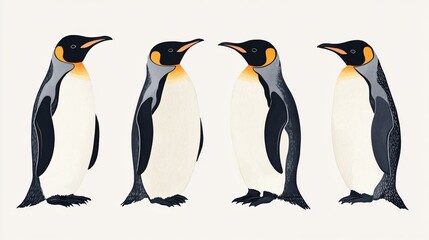 Fototapeta premium Four king penguins in different poses, isolated on white.