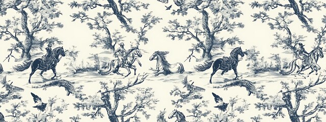 Toile de Jouy pattern, Equestrian scene.
