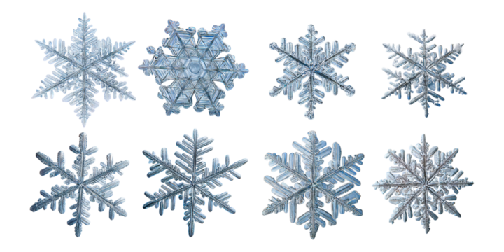 Variety of Ice Crystal Designs on Transparent Background