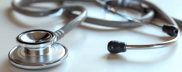 A clean, modern stethoscope lying on a white surface, its metallic parts gleaming, representing the essentials of medical diagnostics.