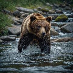 Obraz premium A bear cub trying to catch fish in a stream.