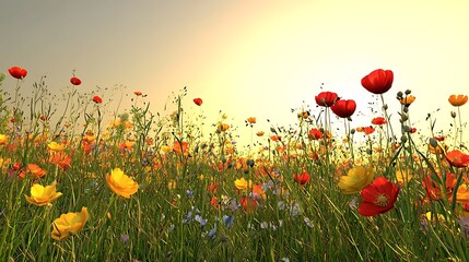 Vibrant Wildflower Meadow At Sunset Golden Light