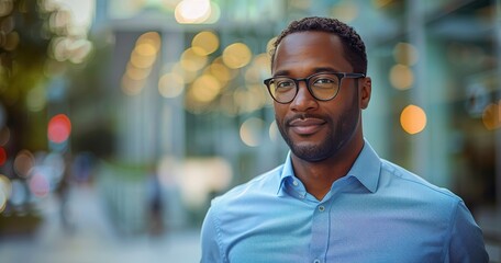 Naklejka premium A man wearing a blue shirt and glasses is smiling