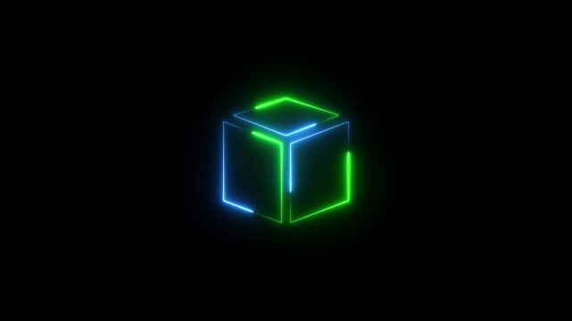 Glowing looping pentagonal neon square frame effect, black background. Technology Sign, Colorful Neon Figure On Black Background.