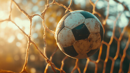 Close-up of a soccer ball hitting the net during a sunny afternoon match in a local park