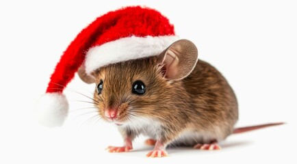 Cute brown mouse in Santa Claus red hat on white background.