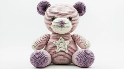 A soft pink and lavender crochet teddy bear with a star motif on its chest, designed with delicate yarn, sitting position