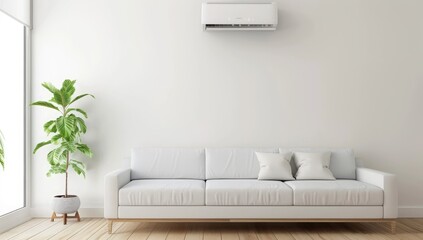 Japandi interior home design of modern living room with beige sofa and wooden furniture and houseplants on the beige wall of the copy space