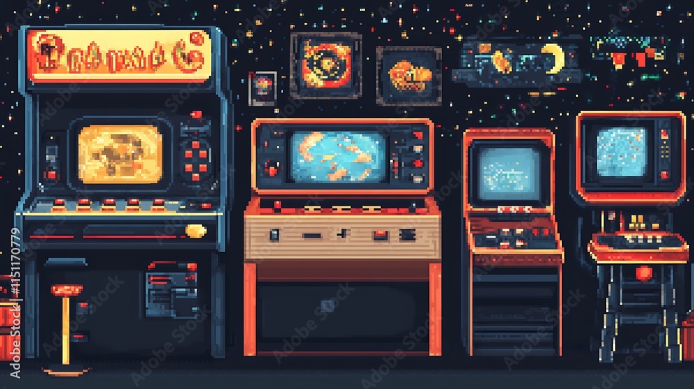 Poster Pixel art of retro arcade games and computers.