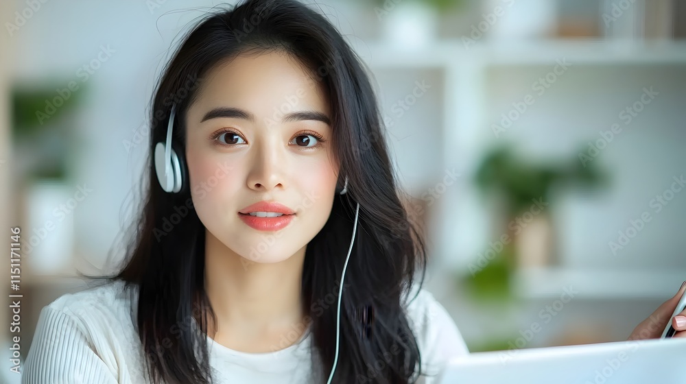 Aufkleber asian woman collaborating with expert advisors via headset during remote work session in a modern wh